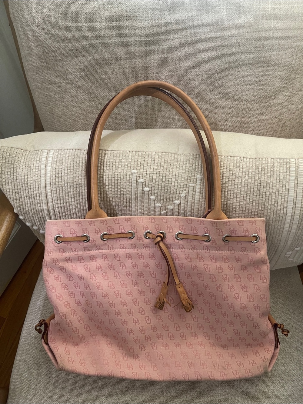 Dooney & Bourke Pink Logo Drawstring Shoulder Tote with Tan Leather Handles